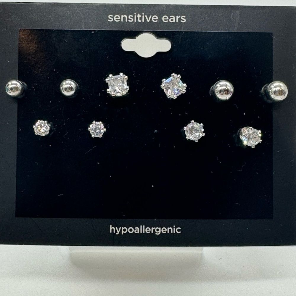 Variety 5 Pairs Silver Tone CZ Post Earrings